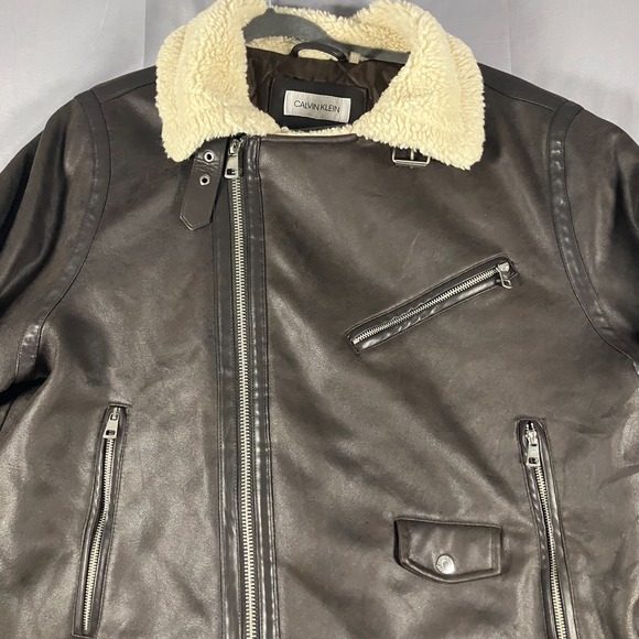 Calvin Klein Men's Extra Large Faux Leather Sherpa Collar Moto Jacket Brown - Picture 4 of 16